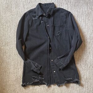 Black Distressed Button-Up Shirt